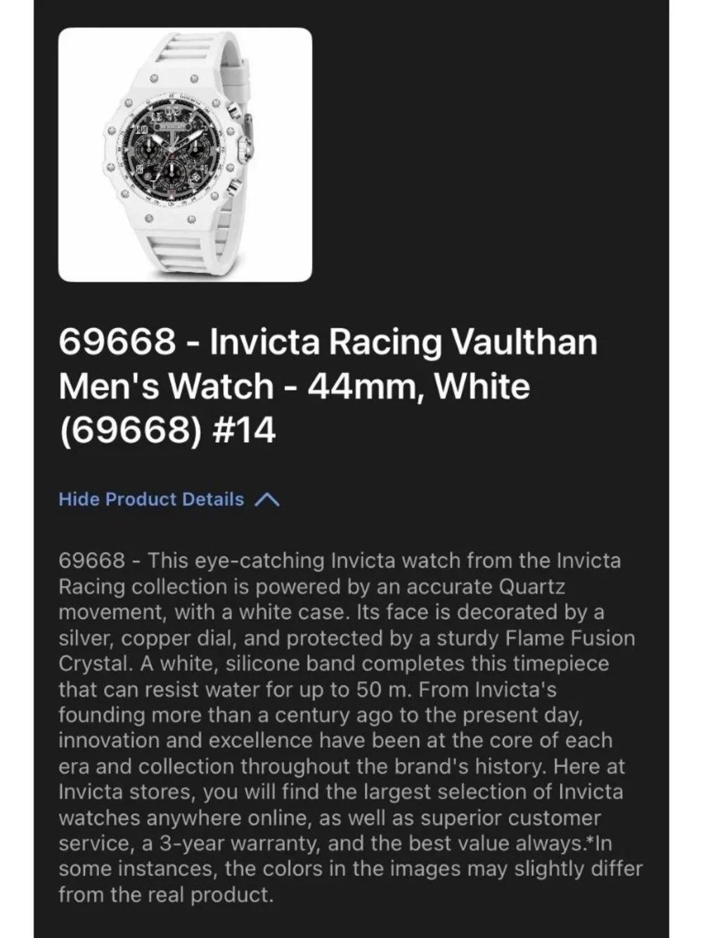 Invicta Racing Vaulthan Men’s Quartz Chronograph Watch 44mm White NIB